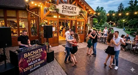 Esti tánc a teraszon a fényfüzérek alatt